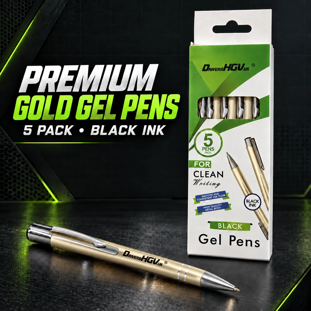 Premium five-pack of champagne-gold DriversHGV.uk gel pens with smooth black ink